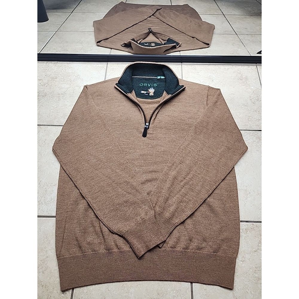 Orvis Jumper Mens Medium Brown 1/4 Quarter Zip 100% Merino Wool Sweater Pullover
